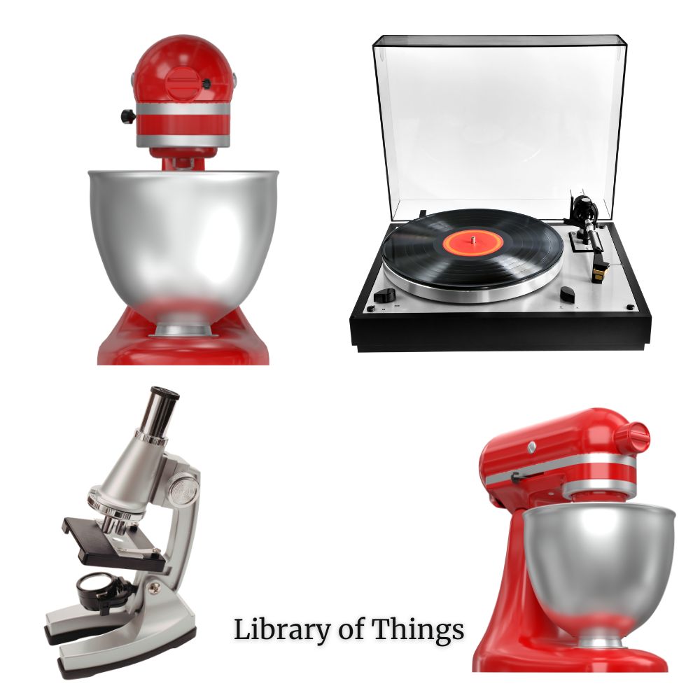 A collection of library of things items including mixer, record player and microscope.